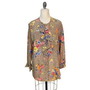 Vintage Diane Von Furstenberg Silk Blouse Basketweave floral Ruffle Medium